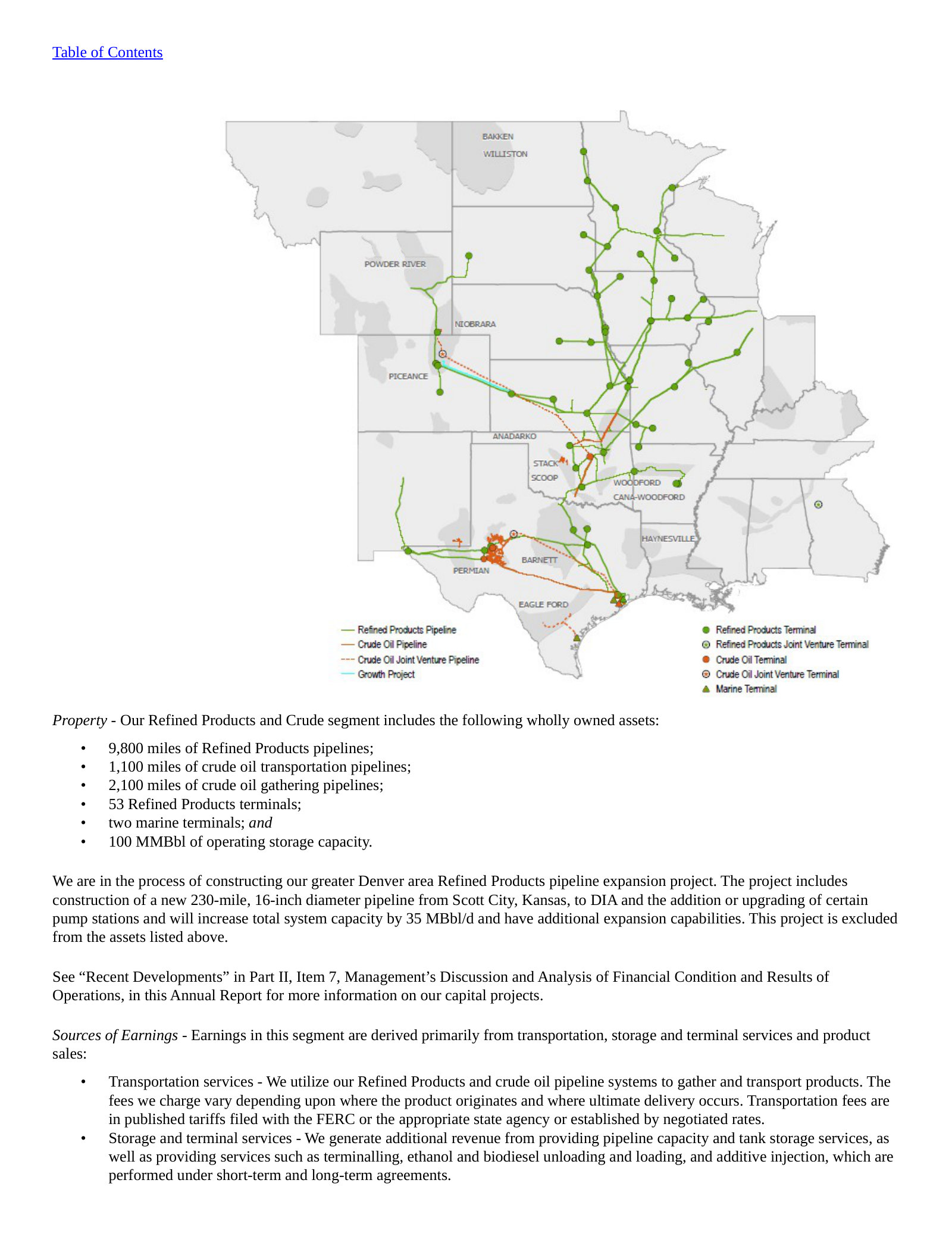 The Refined Products and Crude segment page of ONEOK's FY2025 Form 10-K, reproduced as filed — a competitor's own map and asset count for the business that overlaps Plains. Wholly owned assets listed: 9,800 miles of refined products pipelines, 1,100 miles of crude oil transportation pipelines, 2,100 miles of crude oil gathering pipelines, 53 refined products terminals, two marine terminals and 100 MMBbl of operating storage capacity. The map separates crude oil pipelines (orange) and crude oil joint venture pipelines (dashed red) from the refined products system (green), and the crude lines converge on the Permian and on the Houston Ship Channel, the same corridor PAA's Cactus II, BridgeTex and Wink to Webster serve. Two caveats on comparability: the mileage and storage figures are wholly owned assets only, so joint ventures including BridgeTex and Saddlehorn sit outside them, and the greater Denver refined products expansion is explicitly excluded from the totals. This is a footprint disclosure, not a share-of-basin measure.
